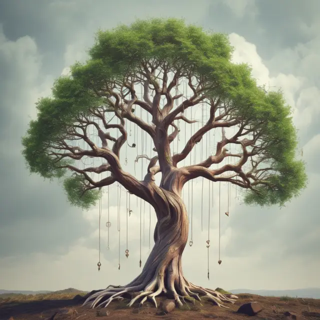 Image of a growing tree with productivity indicators as branches, facing challenges represented by stormy weather and being nurtured by technological advancements