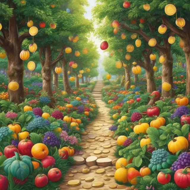 A blooming garden filled with fruit trees bearing gold coins, illustrating the financial benefits of business operations