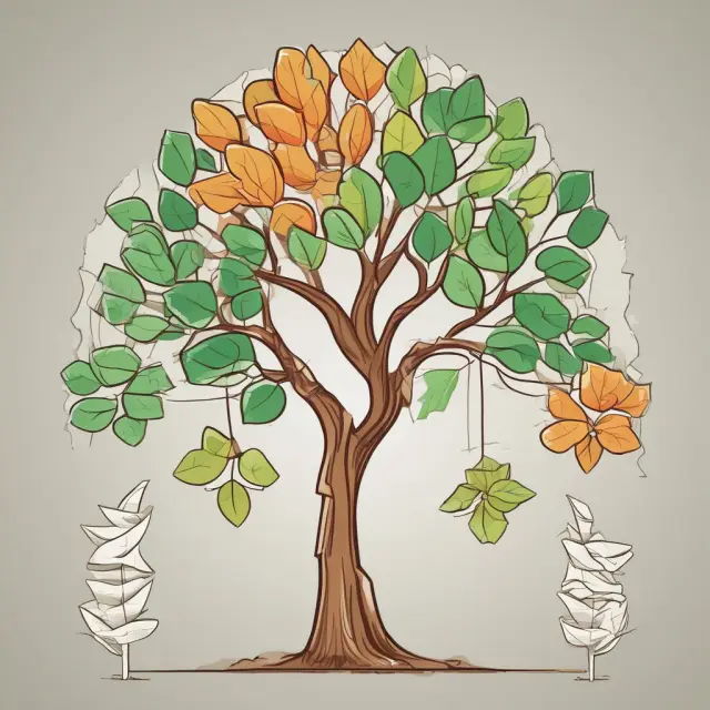 A tree with three distinct sets of leaves symbolizing gross, operating, and net profits in a business context