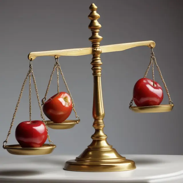 A Marxist hammer and scales confront an entrepreneur, represented by an apple and balance beam. This image illustrates the debate between the labor theory of value and profit from risk-taking.