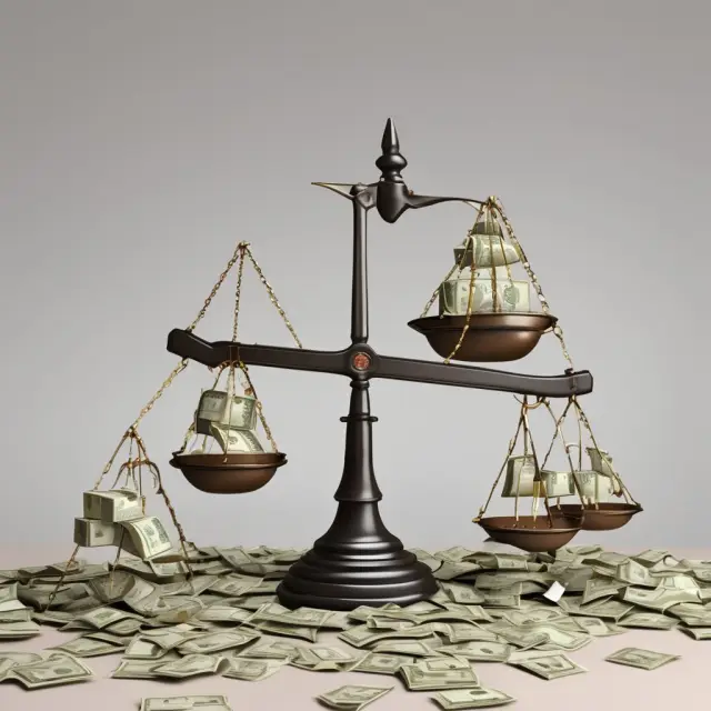 A pair of scales balanced with gold coins representing future cash flows and a pearl signifying the initial investment.