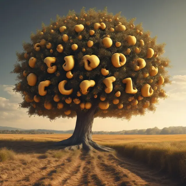 A thriving tree laden with gold apples representing Profitability Index (PI) and Net Present Value (NPV), growing amidst various investment opportunities