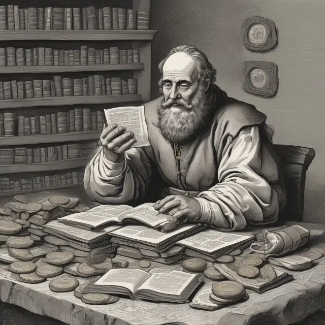 An ancient financier studying profitability ratios: Return on Assets (ROA), Return on Equity (ROE), and Return on Invested Capital (ROIC), surrounded by gold coins symbolizing shareholder value.
