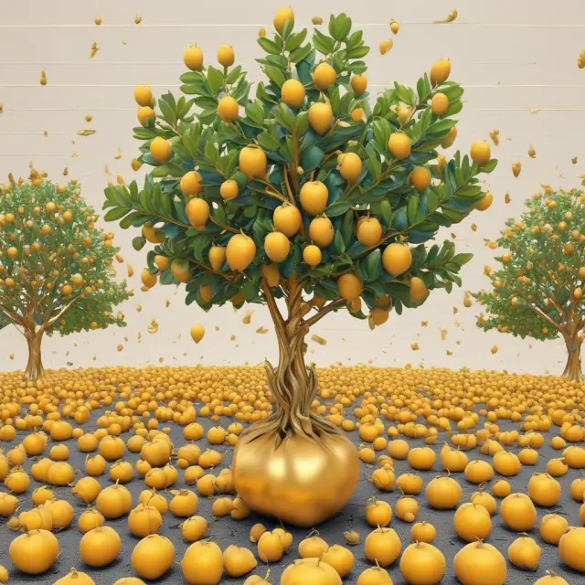 Golden fruits symbolizing net income, calculated by dividing net income by shareholder equity, to determine a company