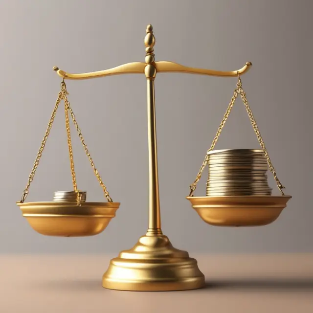 Golden scale weighing profits (represented by coins) against taxes. A metaphor for understanding Profit before Tax (PBT)