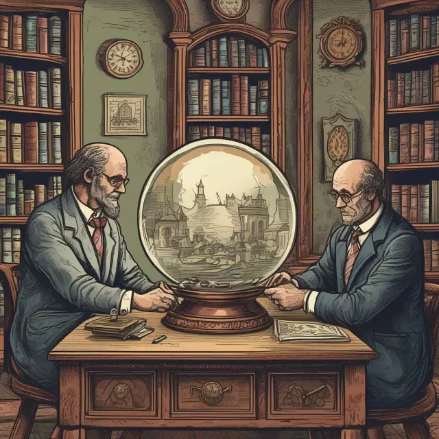 Alchemists manipulating profits before tax (PBT) in a crystal ball, transforming losses into gains.