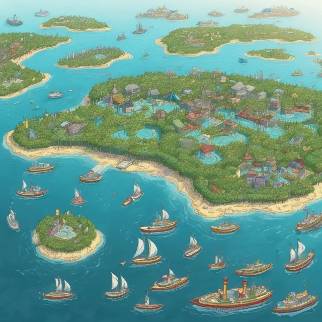Islands representing profit centers in an ocean symbolizing a corporation, managed by unique managers to maximize profits