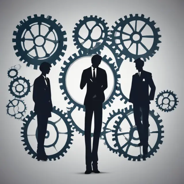 Managers collaborating to overcome the challenge of siloed thinking and connect various profit center gears.
