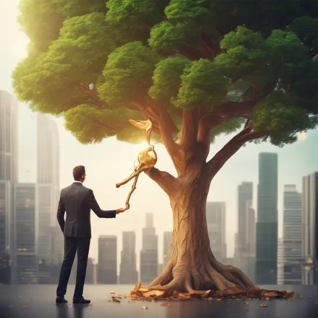 An entrepreneur hands a golden key to a dedicated employee on top of a growing start-up tree, representing the granting and importance of profits interests.