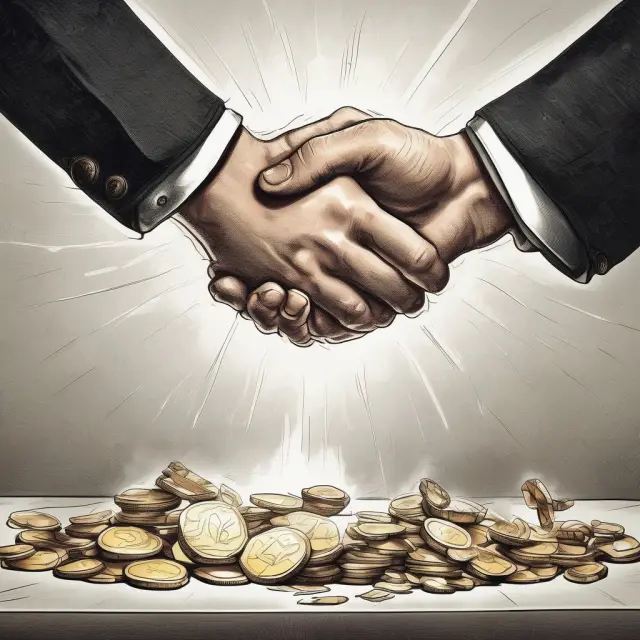 A handshake between two parties over a table with gold coins representing the financial benefits of a profitable partnership and profits interest agreement.