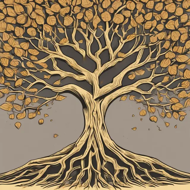 Golden tree symbolizes profits interest intertwining with root system for capital interest, representing alignment between employees and company success