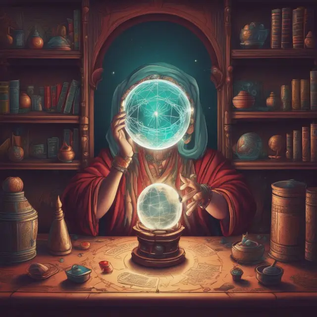 Fortune teller creates a crystal ball depicting pro forma financial statement data: revenue, expenses, liabilities, costs, and cash flows