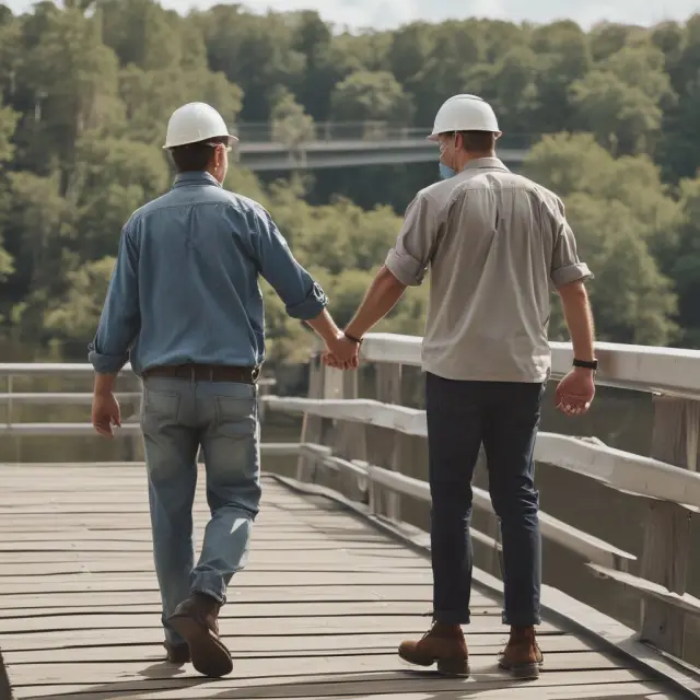A contractor and client joining hands over a bridge, illustrating their collaboration through the process of progress billing.