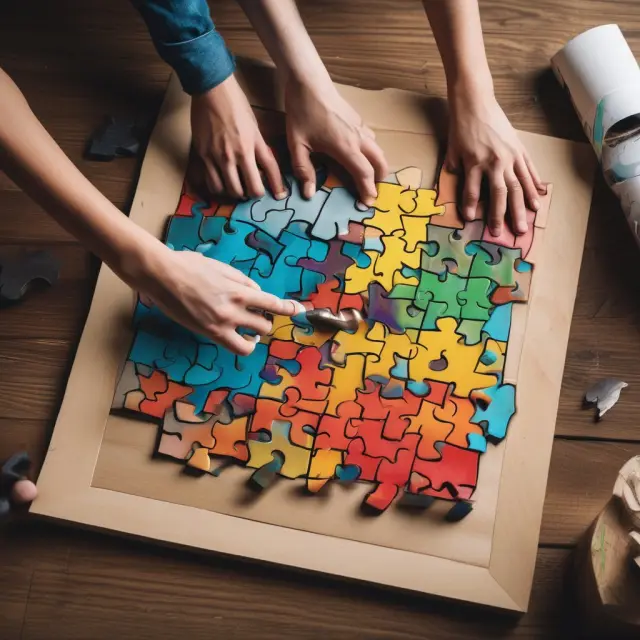 Contractor and client constructing a schedule of values, piecing together a progressive puzzle symbolizing project phases and budget percentages