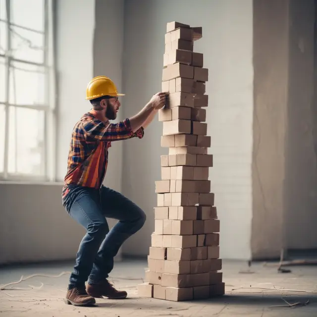 A contractor constructs a tower from blocks while a client holds back certain blocks as retention.