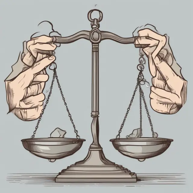A balanced scale represents progress billing, with one pan held by a contractor and the other by a client.