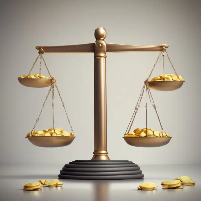 A golden scale tilts towards wealthier individuals, representing the concept of progressive taxation and income redistribution.