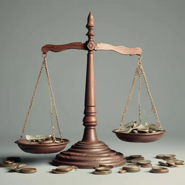 Two sets of scales with gold coins representing income: one leaning forward symbolizing progressive taxes and another tipping backwards, illustrating regressive taxes