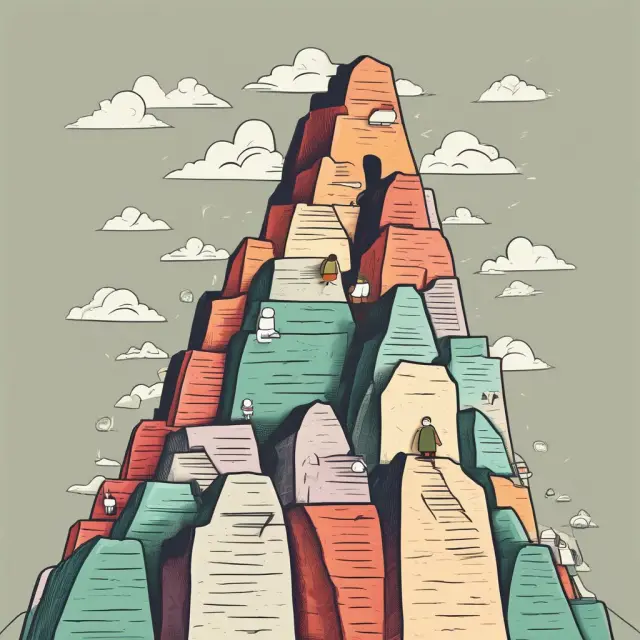 A person ascends a mountain, with distinct sections representing progressive tax brackets and increasing inclines, emphasizing the idea that those with higher incomes face steeper climbs.