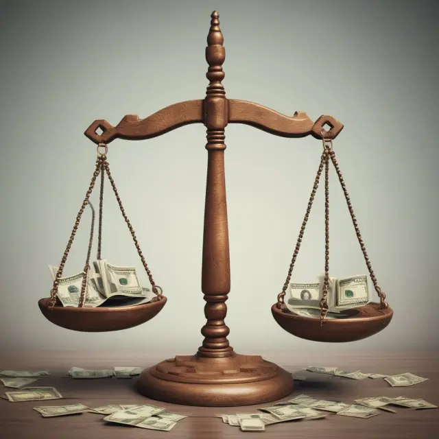 Image of a balanced scale with wealthier individuals contributing more weights, reflecting the principles of a progressive tax system.