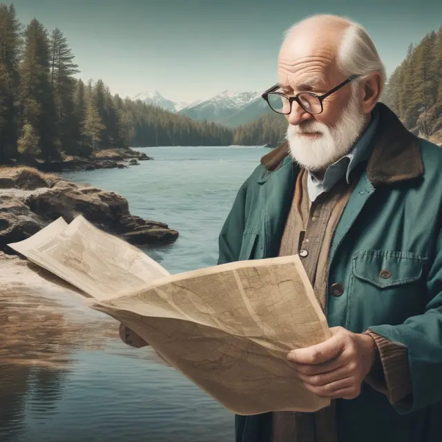 An elderly man examining a detailed map while standing on a dock surrounded by progressive tax-labeled waters, symbolizing retirement planning under progressive taxes