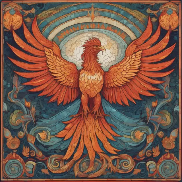 Metaphorical image of a phoenix symbolizing project management, rising above a mosaic depicting the stages: planning, initiation, execution, monitoring, and closing.