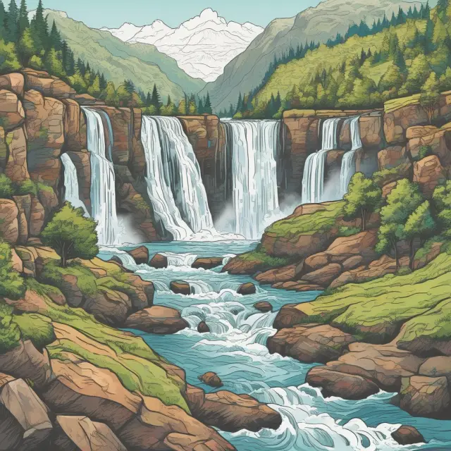 Three interconnected rivers representing waterfall, agile, and lean project management methodologies flowing towards a common goal.