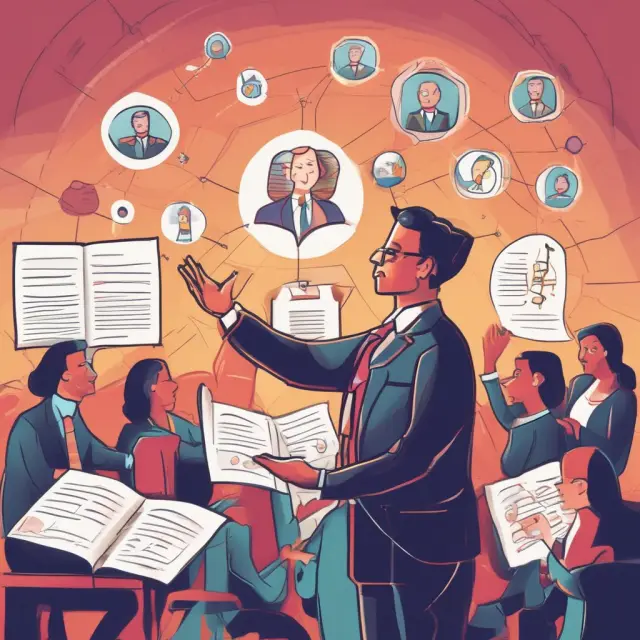 A project manager leading a diverse team through a symphony of project planning, conducting harmony between defining scope, setting goals, managing resources, and maintaining budget.