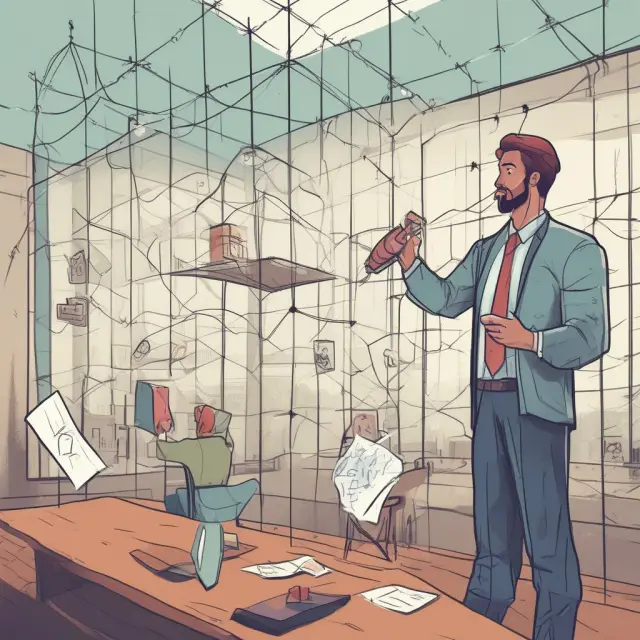 Project manager in a serene setting, casting a net to capture stakeholders while planting seeds for resources and defining objectives as beacons