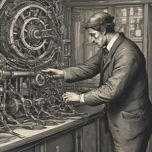 Project manager coordinating team members within the execution process of a project, depicted as an intricate clockwork machine