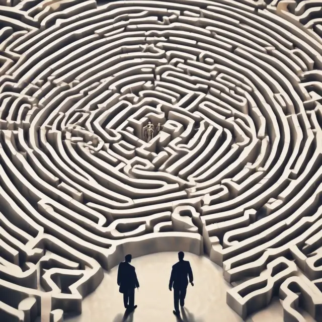 A skilled software development project manager leading their team through a complex maze, illustrating successful planning and implementation of a software project.