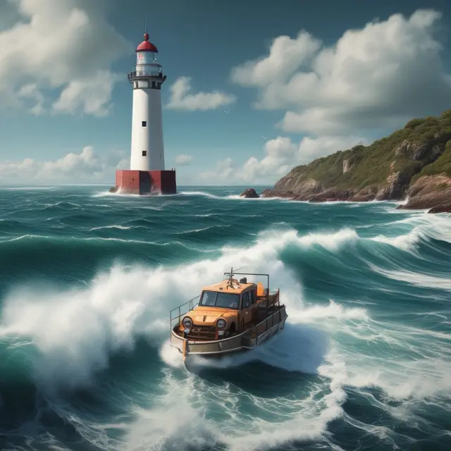 A Special Purpose Vehicle (SPV) sailing on a calm sea towards a lighthouse, symbolizing successful project finance implementation