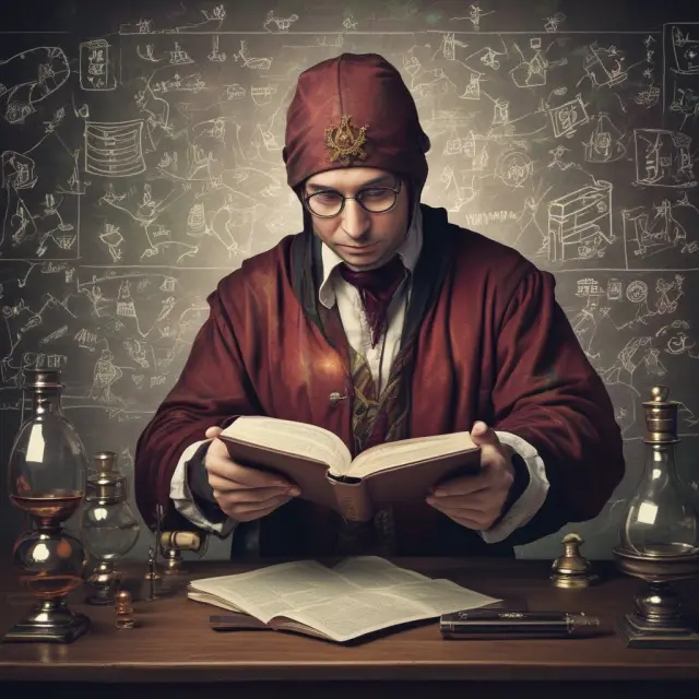 An underwriter (alchemist) at a table, masterfully combining financial models with industry expertise to create profitable non-recourse loan projects