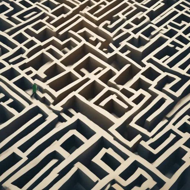 A person navigating a labyrinth filled with both recourse and non-recourse loan options, symbolizing the process of choosing between limited and full borrower liability in infrastructure financing
