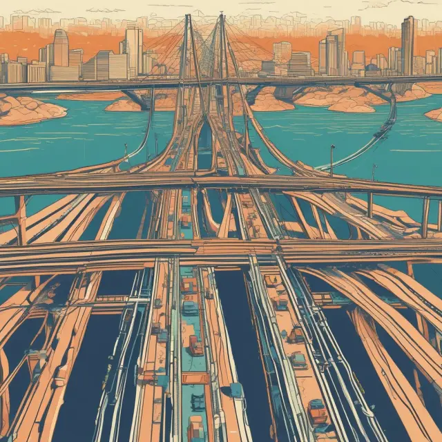 An image of a bridge made from golden coins connecting a city (representing public infrastructure) with a bank (symbolizing private investment).