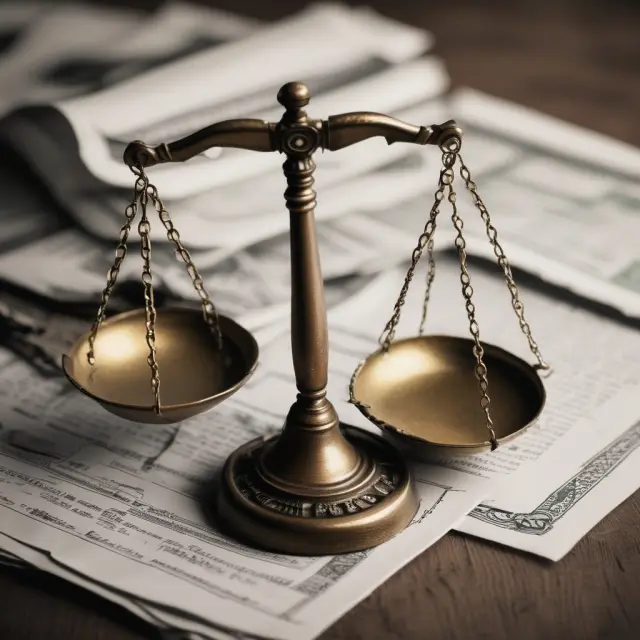 A set of scales balanced on a table, with promissory notes symbolizing fairness, one half resting atop a stack labeled 