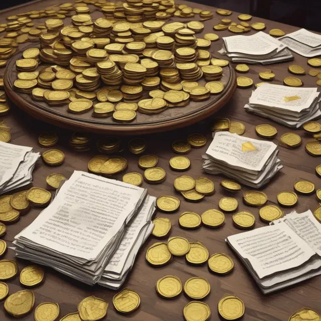 A bargaining table set with golden coins representing funds and contracts illustrating negotiations for a promissory note agreement.