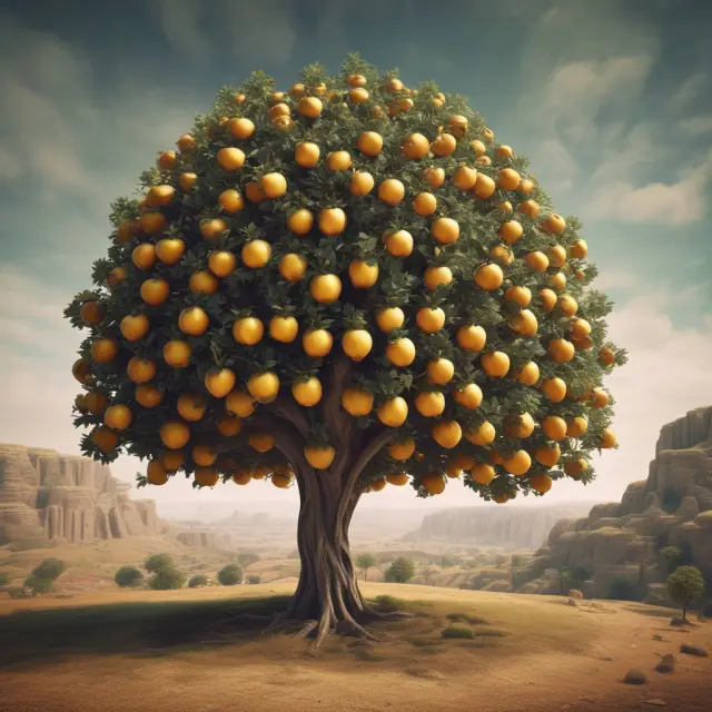 A towering, golden-apple laden tree representing FAQs about promissory notes flourishing amidst a bustling marketplace