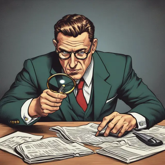 A stockbroker examining disclosure statements through a magnifying glass, emphasizing the importance of transparency in stock promotion and compliance with Section 17(b).