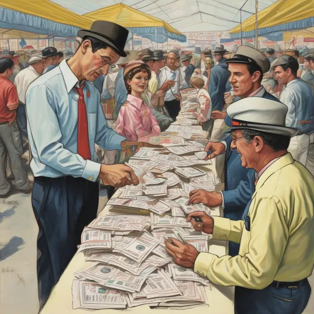A promoter handing out tickets representing investments to potential buyers, under the watchful eye of the SEC