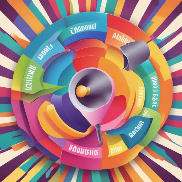 Bullhorn announcing sales promotions, advertising campaigns, and public relations efforts on a spinning marketing wheel