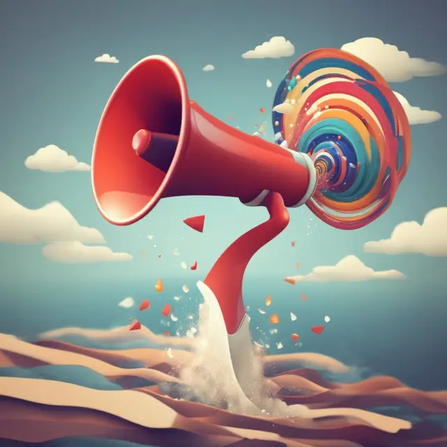 A marketing bullhorn symbolizing traditional channels disperses waves of digital marketing, representing the shift from offline to online promotions