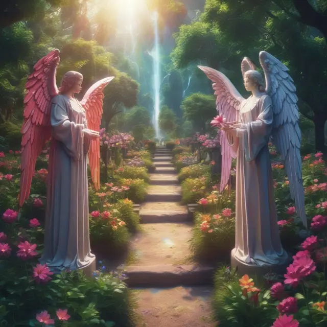 An image of various guardian figures standing in a lush blockchain garden, symbolizing validators securing the network through their staked coins