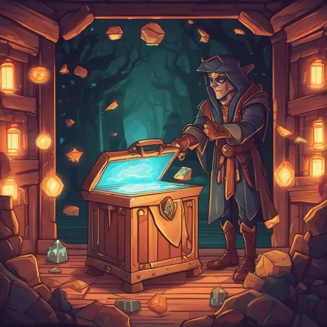 A sentinel validator protectively guards a treasure chest filled with staked tokens in a Proof-of-Stake (PoS) network.