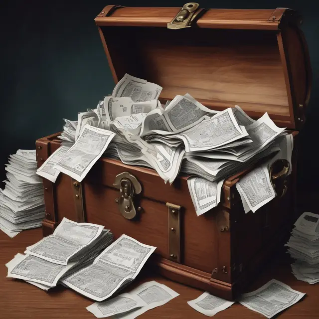 Bank statements and documents in a treasure chest, representing proof of funds for financial transactions