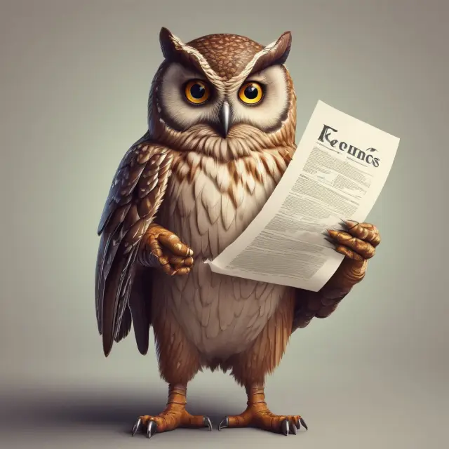 A wise owl, symbolizing wisdom and knowledge, proudly holds a proof of funds document with financial documents spread beneath it