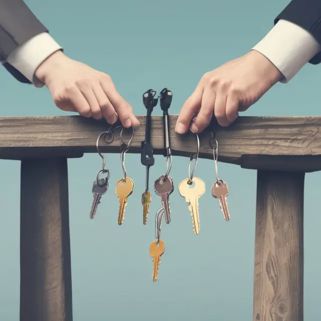 A property manager holds keys to units, symbolizing tenant care, while balancing on a bridge connecting property management and community management