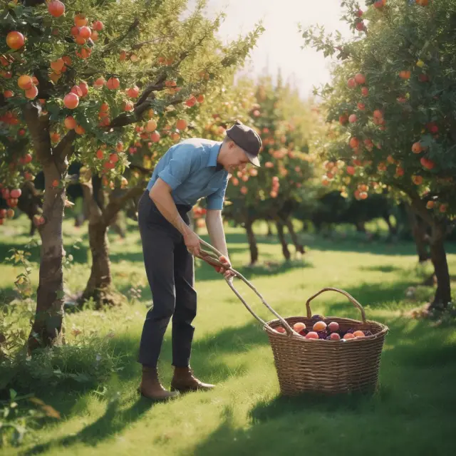 A property manager caring for a thriving orchard of tenant relationships, managing leases (fruit), overseeing maintenance, and executing marketing strategies