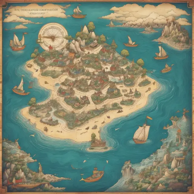 Treasure map depicting an island of intellectual properties surrounded by swirling seas representing personal and real estate