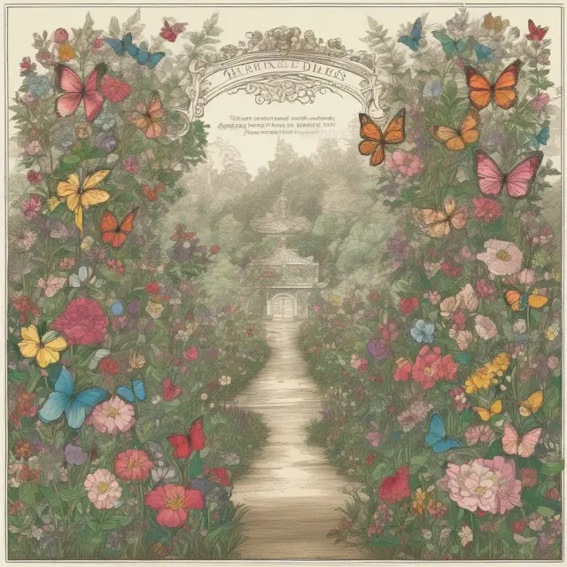 A lush garden filled with blooming flowers symbolizing patents, vibrant butterflies representing trademarks, and roots depicting stocks and bonds.